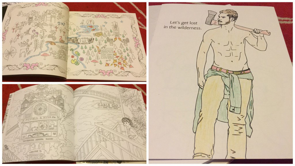 Top Left: The Enchanted Forest. Bottom Left: The Time Garden. Right: Hot Dudes Coloring Book