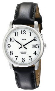 Leather band watch with large numerals on a wide white face