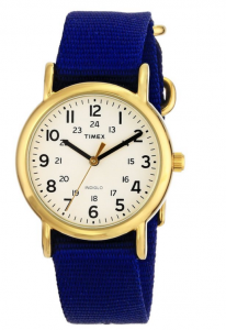 Gold plated watch with numbers on the face and a deep blue strap