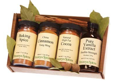 Penzey's baker's gift set - four jars of spices including cinnamon, vanilla extract, and cocoa