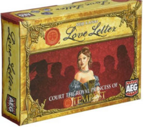 Love Letter card game boxed edition - a woman in an off the shoulder blue gown against a red brocade background