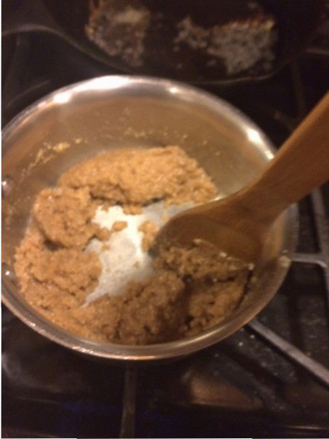 Crumbs and honey mixed together. This picture is blurry because I didn't want it to burn while I was ~composing~ my ~art~.