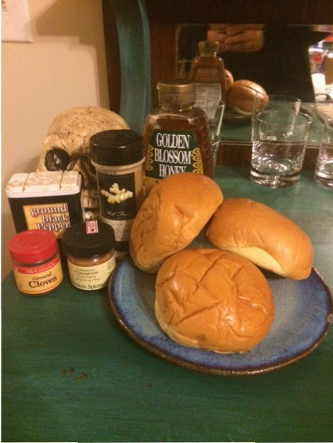 Ingredients! Brioche rolls, honey, ginger, pepper, cloves, and cinnamon I ended up not using at all. I also did not use the skull, he's just there for atmosphere.