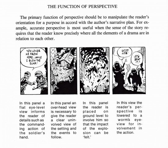 The primary function of perspective should be to manupulate the readers orientation fora purpose in accord with the narrative plan. Eye level vs overhead vs ground level vs character POV are important determinations to make