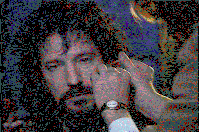 Rickman having scar material added to his face in prince of Thieves, and he's all hair and beard and holy wow 