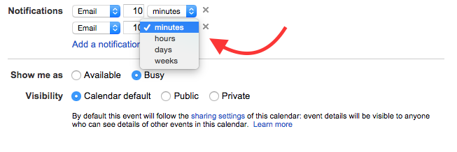 Close up of Google:Cal Notifications area, where you can assign an email message X number of days or hours in advance. 