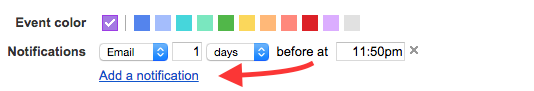 Google:Cal notification menu with a red arrow pointed at "Add a notification" 