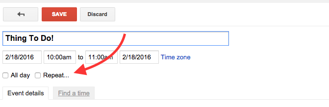 Close up of New Appointment screen on Google:Cal, with red arrow pointing to REPEAT checkbox.