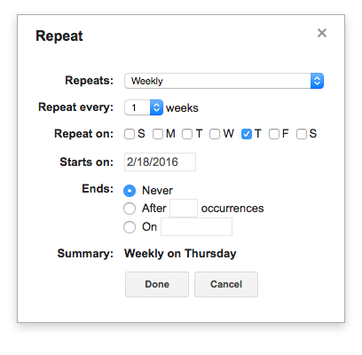 Repeat: Weekly, days of the week, starting date, and ending date menu selections on Google:Cal 