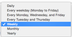 Repeat drop menu: daily, every weekday, every MWF, every Tues and Thur, every week, month or year. Ah, Google:Cal. MWAH. Also HEY screen reader visitors! You are truly marvelous today! 