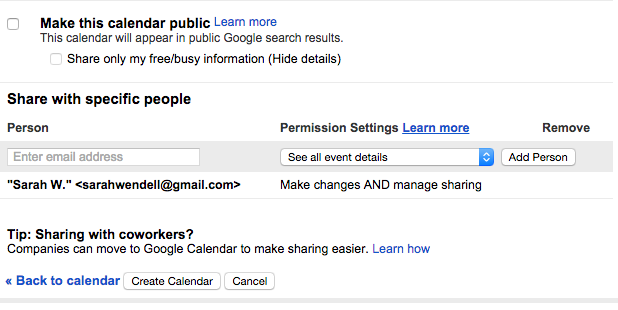 Sharing settings - make calendar public, share with specific people, and information about moving your whole company over to Google Cal. Not dealing with those yet 