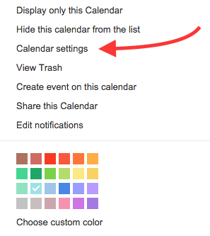Calendar settings on drop down menu highlighted by red arrow 
