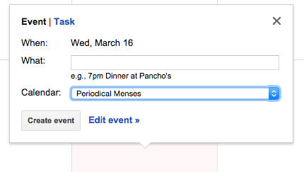 Quick entry menu for Event - date, what, and which calendar 