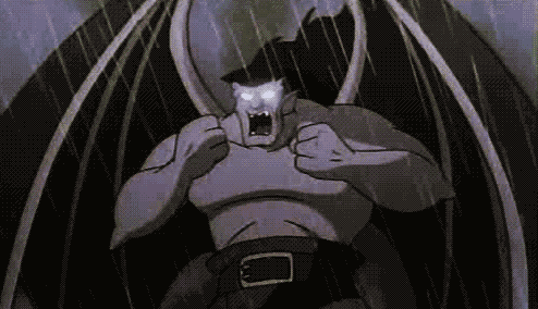 Gargoyle with giant mantitty an wings roaring at the skies with glowing eyes. it's a lot of muscles for a cartoon dude.