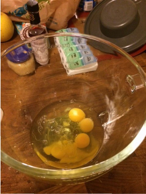 eight eggs, four yolks, big glass bowl
