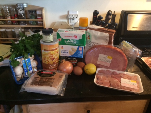 Ingredients picture! Ham, veal, chicken, bread crumbs, butter, lard, flour, parsley and seriously there is a LOT of meat here 