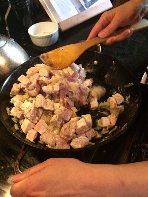 Filling: veal, ham, onions, mushrooms, sage, parsley, and lemon zest. All mixed together. Your arteries are definitely hardening. 