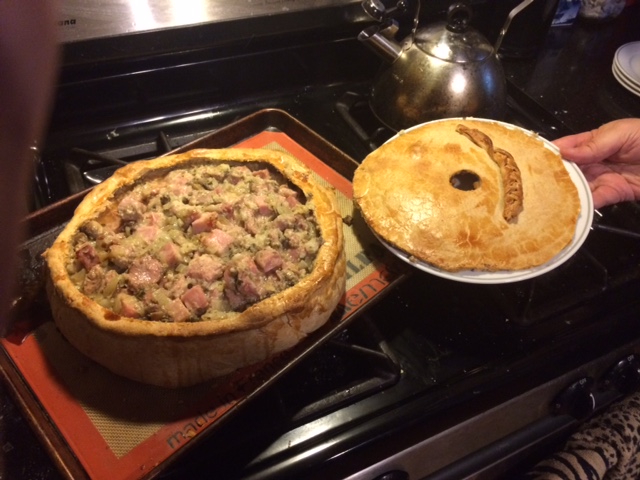 Pie opened for serving and eating. 