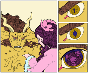 Panel from Beauties by Marguerite Bennett. A young woman is calming a Beast (a la Beauty and the Beast). The colors are light and soft in yellows and pinks.