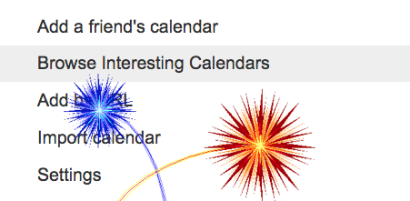 Other Calendar submenu - Add a friend's calendar, Browse Interesting Calendars, Add by URL , all covered by a red and blue clipart fireworks explosion 