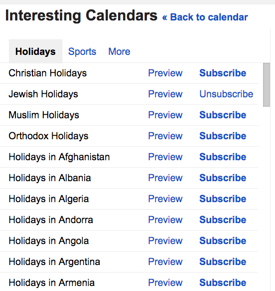 Christian, Jewish, Muslim, Orthodox, then holidays by country beginning with Afghanistan and ending with Zimbabwe
