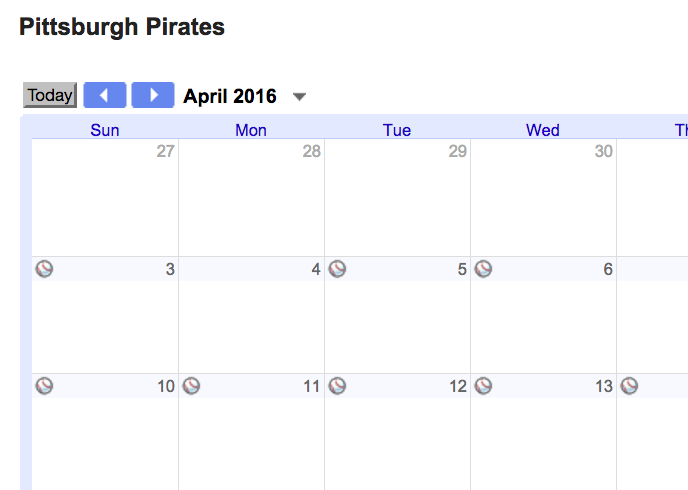 Pittsburgh Pirates, portion of schedule for APril 2016 