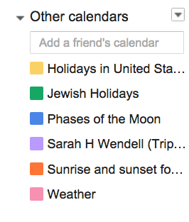 My other calendars: Holidays in the US, Jewish Holidays, Phases of the moon, Sunrise and sunset, and weather 