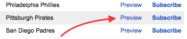List of baseball teams with red arrow pointing at PREVIEW of Pittsburgh Pirates schedule 