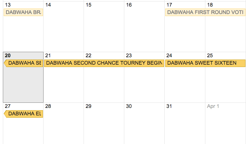 Portion of calendar showing Dabwaha schedule 