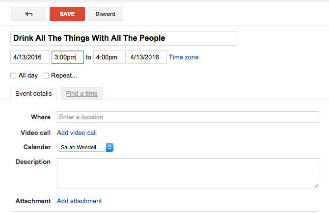 New calendar appointment: Drink All the Things with All The People, Wednesday 3 pm