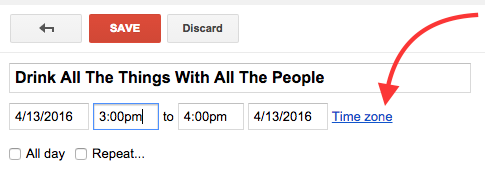 Arrow pointing to Time Zone link at the right of the appointment date and time