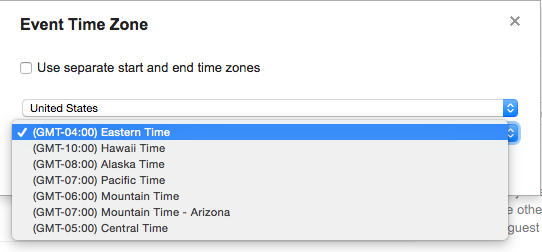 Time zone menu beginning with country, and then with applicable time zones beneath. In this case, US, with Eastern, Central, Mountain, Pacific, Arizona etc
