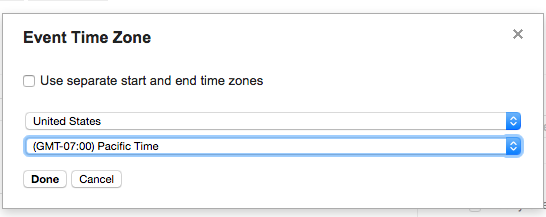 Drop down menu with US and Pacific Time Zone selected