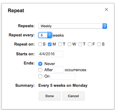 Repeat menu - repeat weekly every 5 weeks on Mondays, never ending 