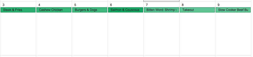 A weekly menu - steak and fries, cashew chicken, burgers, salmon, and shrimp