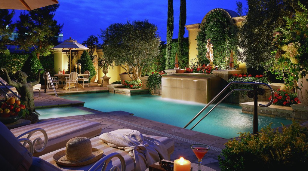 Bellagio Hotel Villas Pool, greenery everywhere and totally secluded with chaises tables and a hot tub