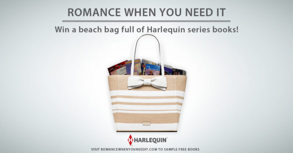 A beige and white striped straw tote with a big fabric bow stuffed with harlequin titles 