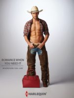 A shirtless muscular cowboy with one foot in a handbag - romance wherever you are, when you need it.