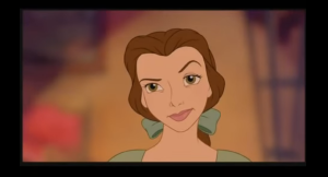 Belle with one eyebrow raised as the beast gives her a library