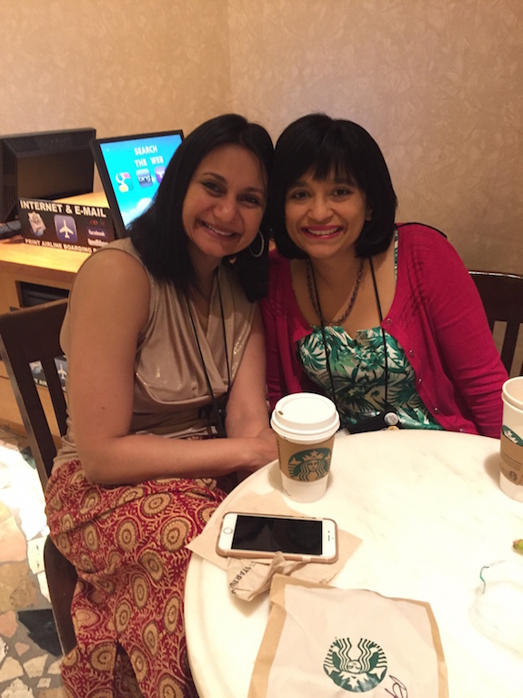 Sonali Dev (L) and Nalini Singh (R) caffeinating because it's required in order to make the long walk to the convention area. 