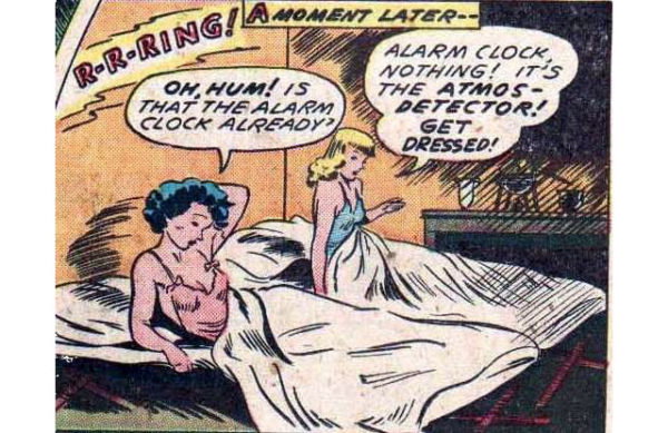 Two characters waking up in the same large bed or cots alongside each other - hard to tell and somewhat suggestive