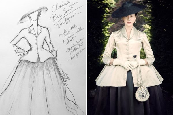 Vanity Fair image of the costume design sketch of Claires costume and the finished product. Cream jacket with wide hips over panniers and a dark wide ass skirt plus a hat