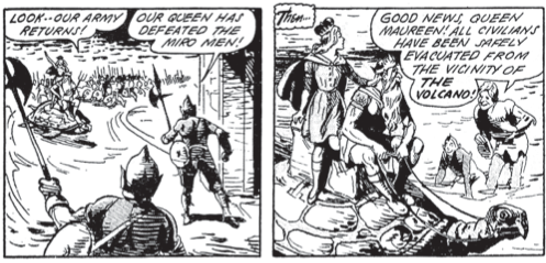 two black and white panels Look, our army returns! and here comes Maureen on a sea turtle to be informed that all civilians have been evacuated from a volcano