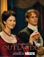 Outlander Season 2 poster - Jamie and Claire walking into a formal room of some sort wearing court clothing