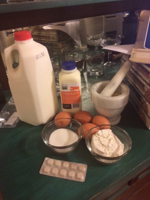 Ye Olde Ingredientse Shotte: half gallon milk, cream, mortar and pestle, eggs, flour, and rennet tablets 