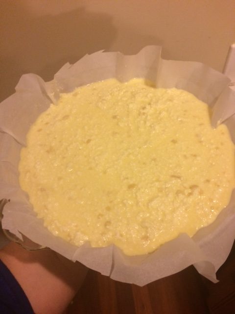 Batter? Goop? Raw stuff. Yellowish batter looking very goopy.