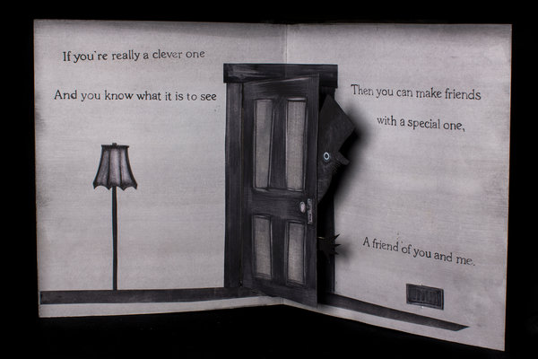 A children's book page with a creepy man coming through a door. The caption reads, If you're really a clever one, and you know what to see, then you can make friends with a special one. A friend of you and me.