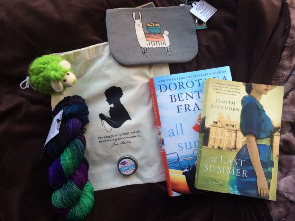 A llama zip tote, some beautiful yarn, a knitting bag, and two books - all summer long by dot frank and the last summer by judith kinghorn