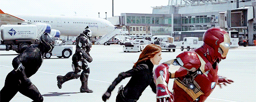 Iron Man, Black Widow, and others running across the screen to go fight things