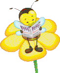 A vector illustration of a smiling bee on a yellow flower reading a copy of Buzz Books Romance 2016